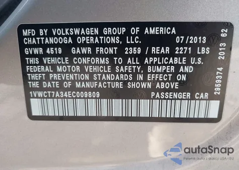 2014 Volkswagen Passat 1.8T Sel Premium from USA, damaged, VIN 1VWCT7A34EC009809
